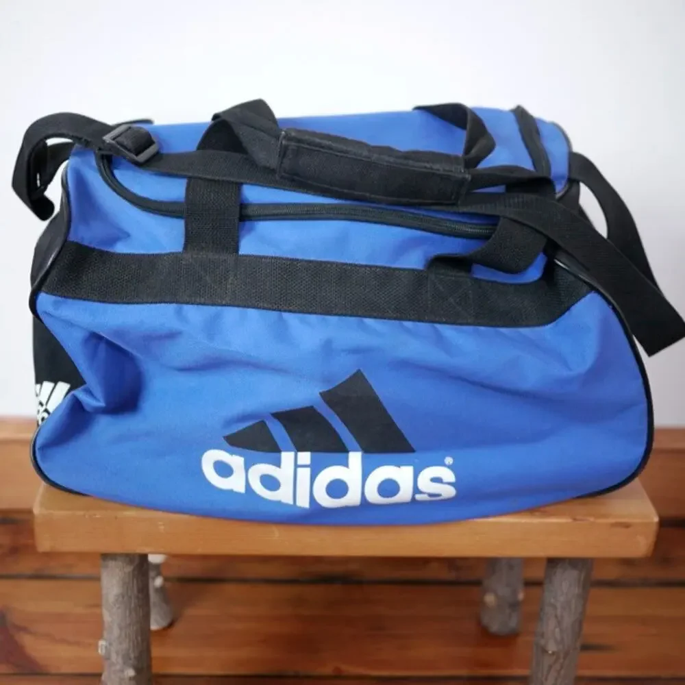 ADIDAS Black White Blue Duffle Travel Sports Gym Carry On Shoulder Bag 18x10x10